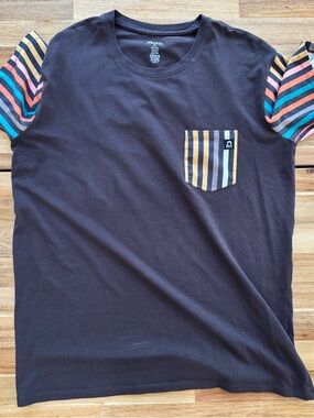 RAGS- Unisex Black Pocket Tee with Multicolor Striped Sleeves